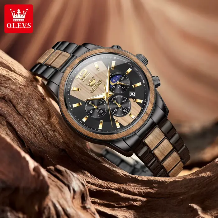 Montre en bois multifonctionnelle OLEVS avec chronographe, calendrier complet et indication de la phase de la lune pour homme style fashion et casual occasions spéciales
