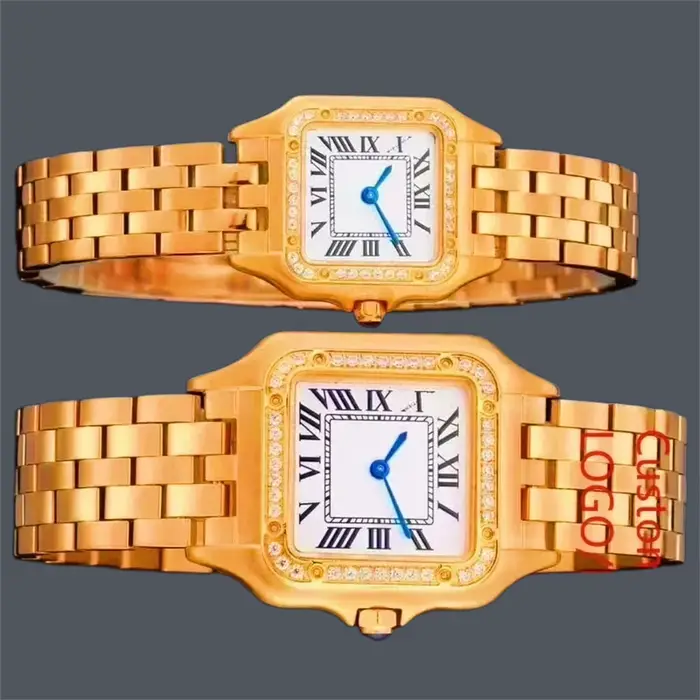 Montre personnalisée 2026 pour homme et femme, quartz, or jaune, lunette sertie de diamants, acier i