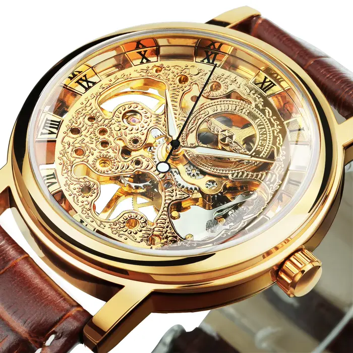 Montre homme Gagnant Seton avec boîtier doré transparent, bracelet en cuir, horloge mécanique de luxe, cadeau pour hommes occasions spéciales Saint Valentin Noël Carnaval
