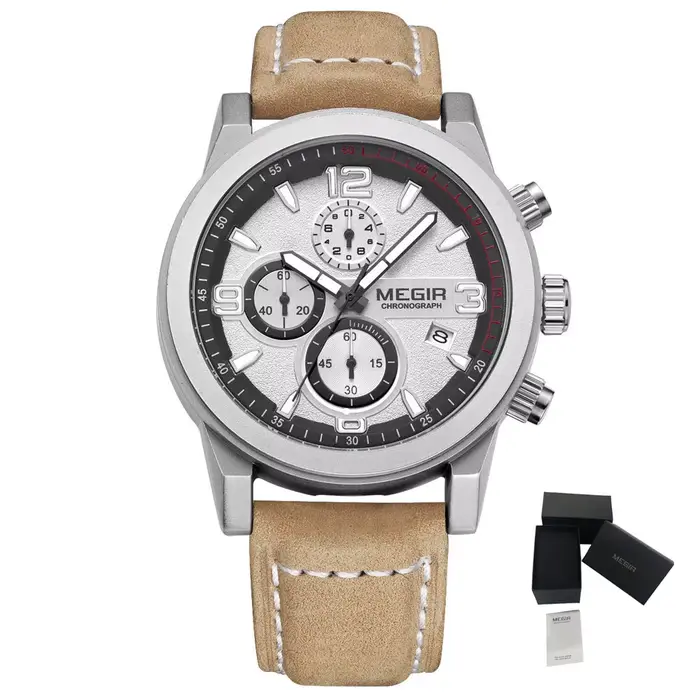 MEGIR luxe chronographe hommes Sport montres bracelet en cuir Quartz montre-bracelet lumineux décont