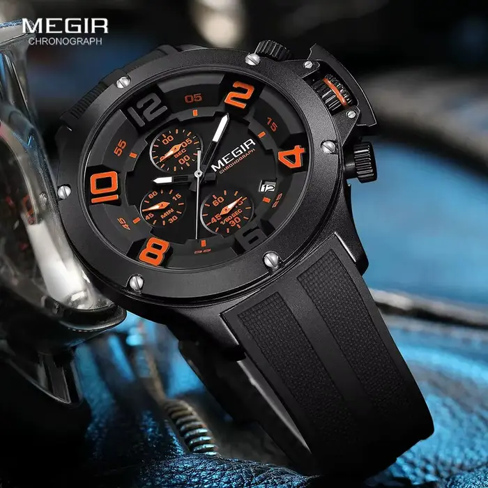 MEGIR grand cadran Sport montre à Quartz pour hommes mode étanche chronographe montre-bracelet avec Date bracelet en Silicone aiguilles lumineuses 8115