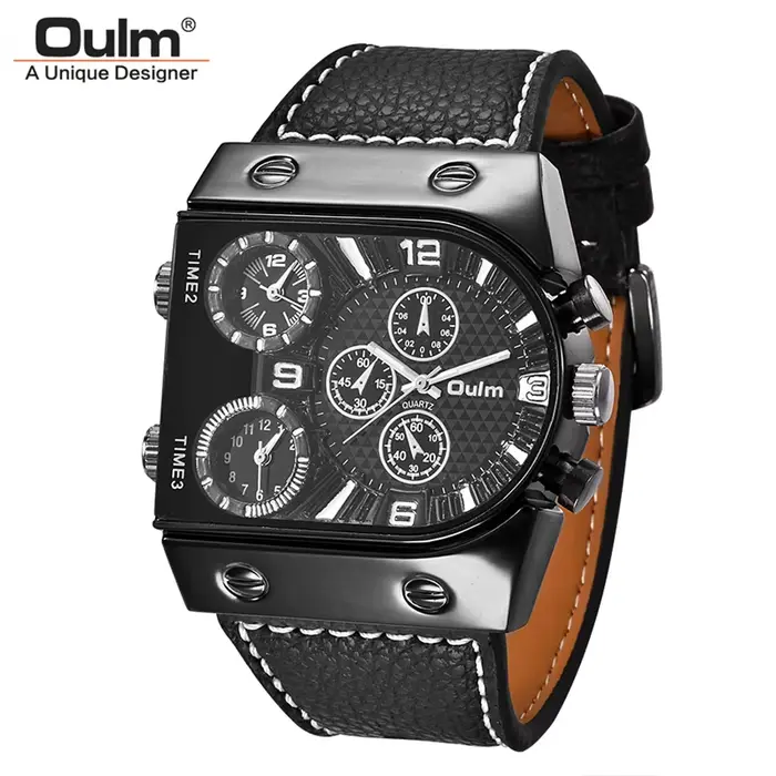 Oulm 9315 montre à trois fuseaux horaires bracelet en cuir décontracté montres pour hommes conception Unique Sports de plein air montre-bracelet mâle horloge