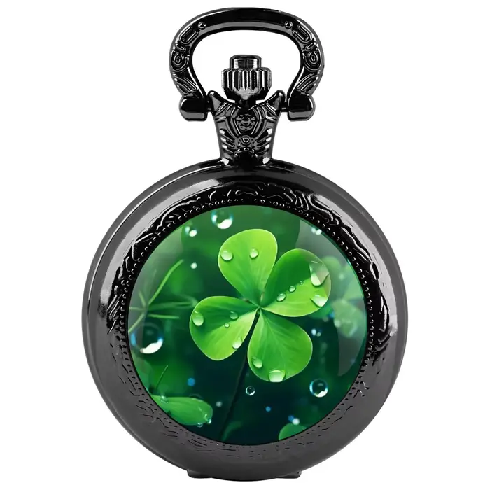 Montre de poche à quartz avec dôme en verre trèfle à quatre feuilles, avec chaîne durable, cadran à