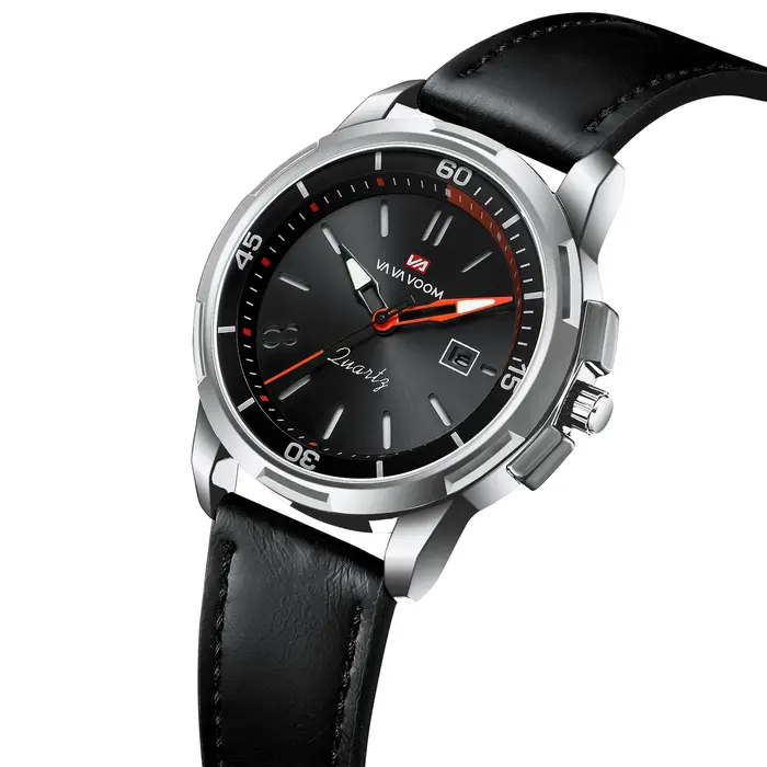 VA VA VOOM montre militaire en cuir noir avec grand cadran 46 mm mouvement à quartz style d'affaires