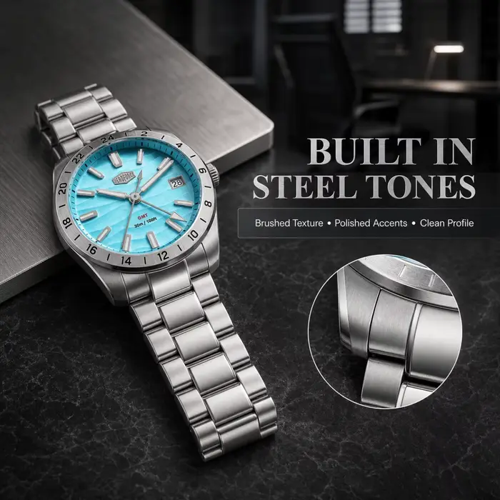 Montre Homme HEROFORCE GMT 2026 Nouvelle Montre-Bracelet en Acier Inoxydable avec Cadran Turquoise, Date Lumineuse, Quartz Sport et Affaires