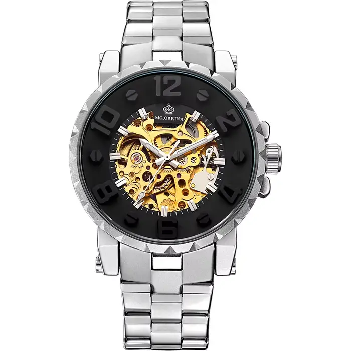 ORKINA montres pour hommes de luxe haut de gamme en acier inoxydable noir 3ATM étanche automatique auto-vent squelette
