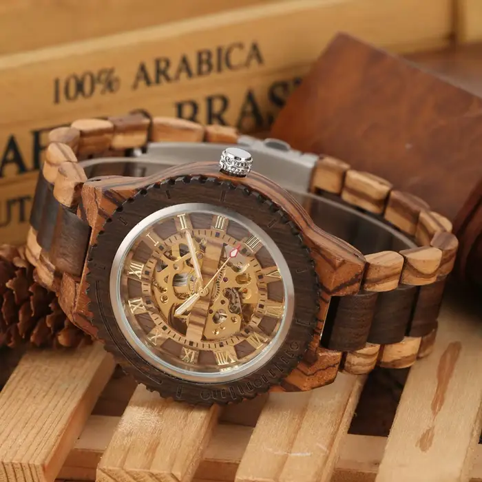 Montre ronde automatique en bois avec bracelet réglable pour homme occasions spéciales élégante à offrir