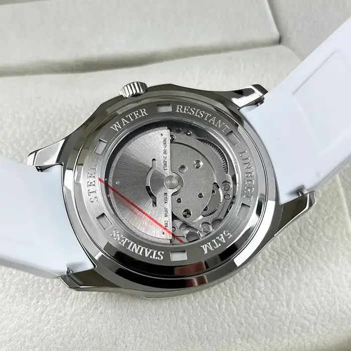 Nouvelle montre mécanique automatique LINBERT pour hommes en caoutchouc blanc, résistante à l'eau, avec indicateur lumineux et boîtier en acier inoxydable pour différentes occasions