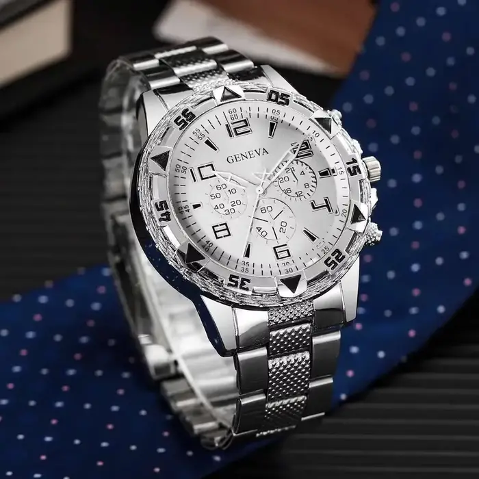 Montre d'affaires pour hommes : verre clair bleu, bracelet en acier inoxydable, quartz, multifonctio