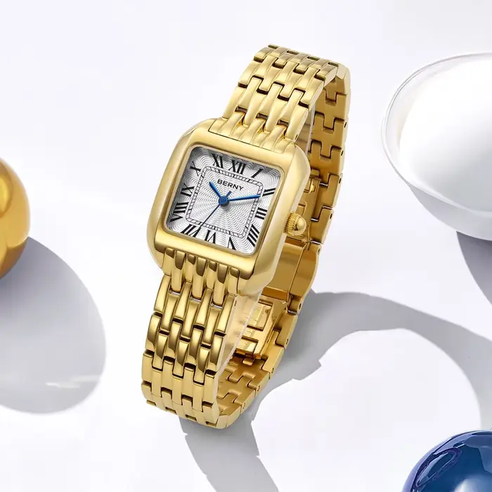 Montre carrée en or BERNY pour femmes, résistante à l'eau, quartz, design mode et décontracté, idéale pour les occasions professionnelles, décontractées et formelles