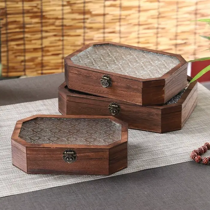 Boîte de rangement en bois à couvercle rabattable