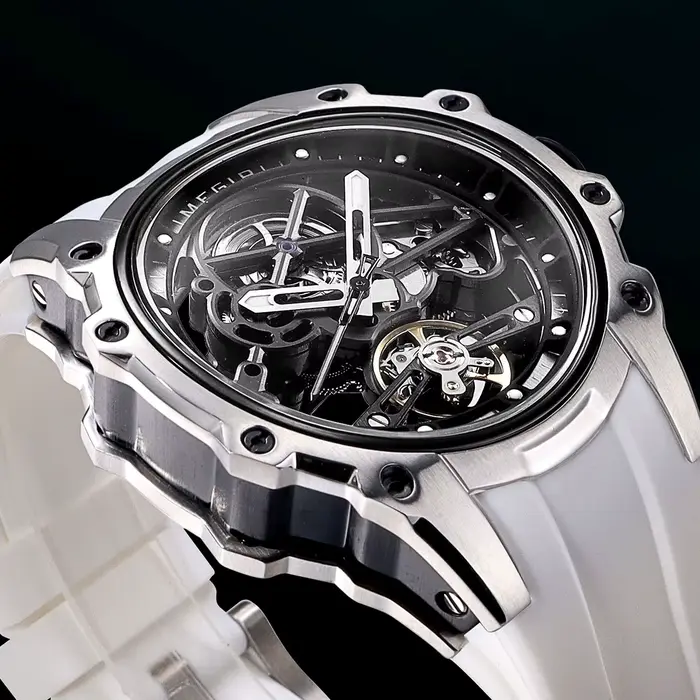 Montre mécanique MEGIR à cadrain squelettique avec bracelet en silicone pour homme, résistante à l'eau, style mode et casual