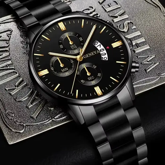 Mode hommes Montre en acier inoxydable calendrier de luxe Montre-bracelet à Quartz