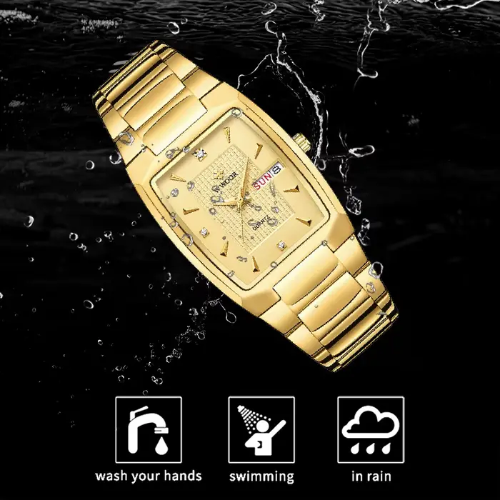 Montre-bracelet carrée en acier inoxydable doré pour homme