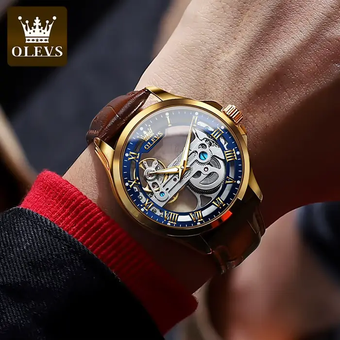 Montre homme OLEVS 6661 Transparent Squelette Volant Automatique Bracelet Cuir Occasions Spéciales Luxe
