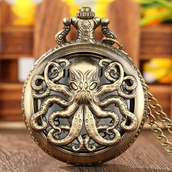 Montre de poche en Bronze Octopus, motif rétro unique, chaîne à quartz, chronographe, cadeau pour ho
