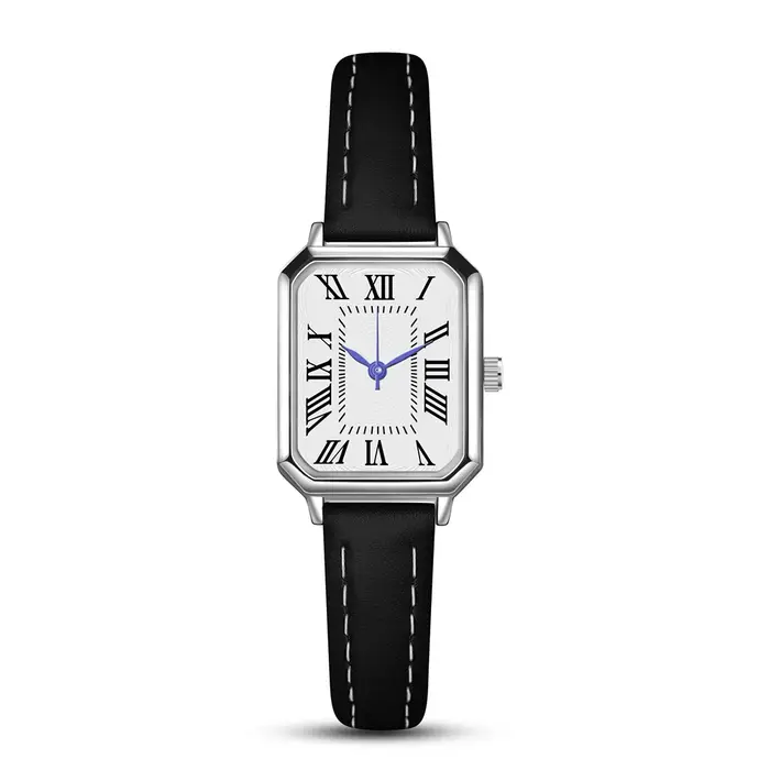Montre femme carrée élégante avec bracelet cuir noir chiffres romains pour bureau et quotidien