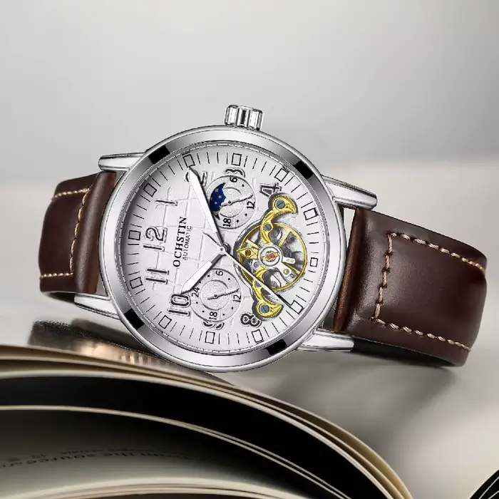 Montre Homme OCHSTIN Tourbillon GMT Automatique Mécanique Squelette Double Fuseau Horaire 24H AM/PM Indicateur Lumineux Bracelet Cuir Luxe Habillé