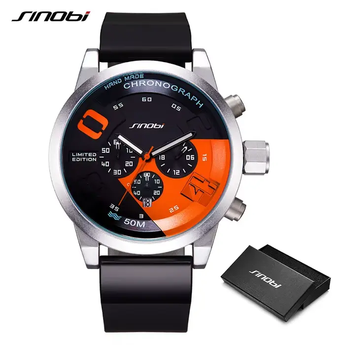 SINOBI-Montres de sport étanches pour hommes, montre-bracelet à quartz, cadran noir, chronographe po