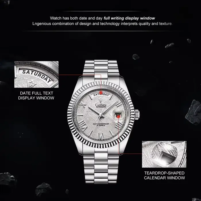 Montre mécanique Cadisen pour hommes avec cadran en météorite, automatique, résistante à l'eau, parfait pour affaires et plongée