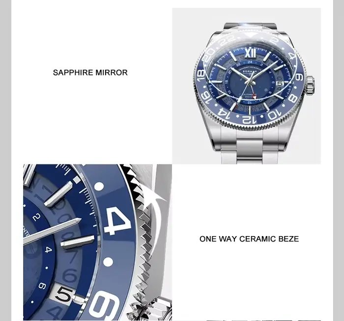 Montre homme Borman automatique GMT résistante à l'eau avec bracelet en acier inoxydable et lunette en céramique pour homme occasions spéciales