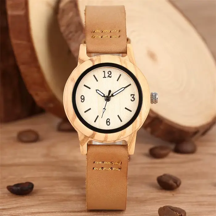 Montre en bois et cuir véritable marron pour femme
