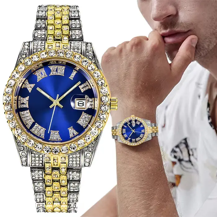 Montre de luxe Hip Hop en acier inoxydable pour hommes