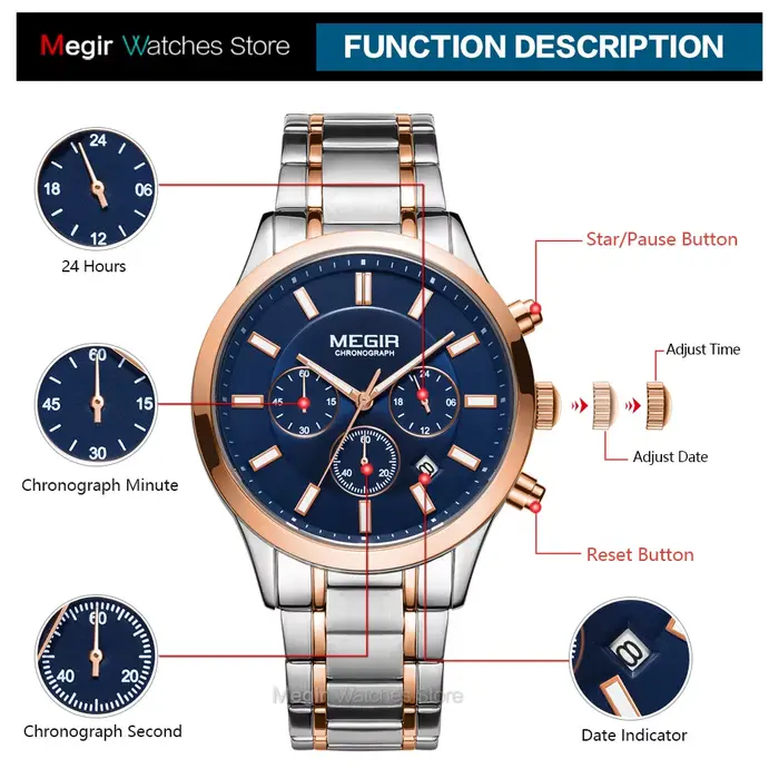 Montre-bracelet chronographe à quartz en acier inoxydable pour homme