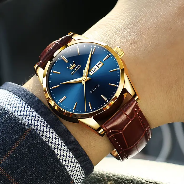 Montre homme OLEVS 6898 en acier inoxydable avec bracelet en cuir résistant à l'eau pour occasions formelles et décontractées