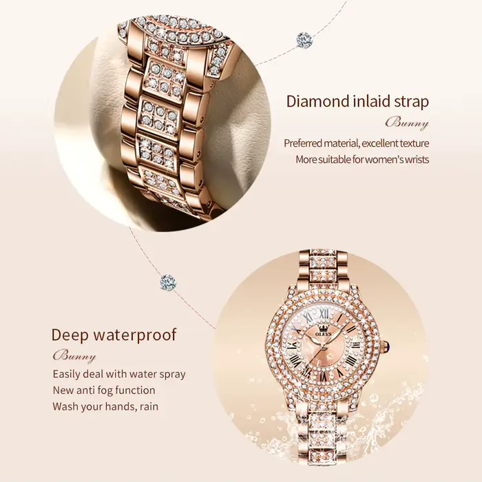 OLEVS 9943 femmes montre haut de gamme de luxe or Rose diamant étanche