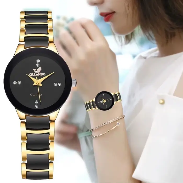 Montre à Quartz avec Bracelet Acier Noir Élégante Pour Femme Occasions Spéciales Mode Casual