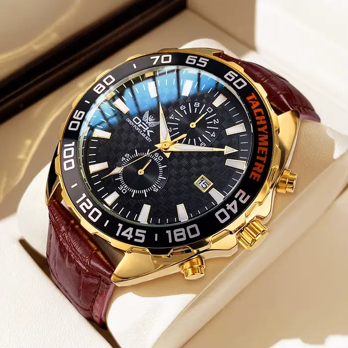 Montre à quartz OPK 8163 pour homme, grand cadran de 46 mm, bracelet en cuir, tachymètre, date autom