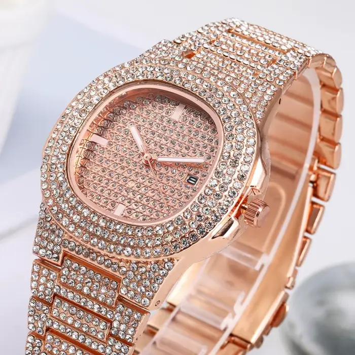Montre-bracelet en or et argent glacé pour femme diamant carré quartz horloge romaine cadeau occasion spéciale bronze café multicolore rose