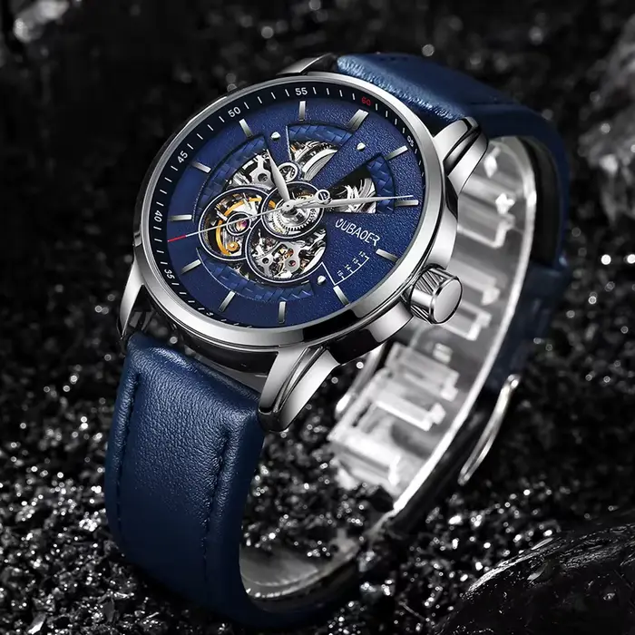 Montre OUBAOER automatique hommes squelette résistante à l'eau avec bracelet en cuir pour homme style fashion et casual occasions spéciales