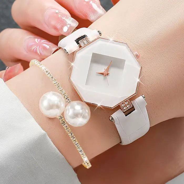 2 pièces mode femmes montres bracelet en cuir décontracté analogique montre à Quartz perles Bracelet