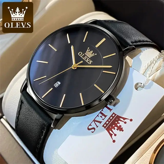 Montre homme OLEVS ultra-mince quartz avec bracelet en cuir pour occasions spéciales et tous les jours