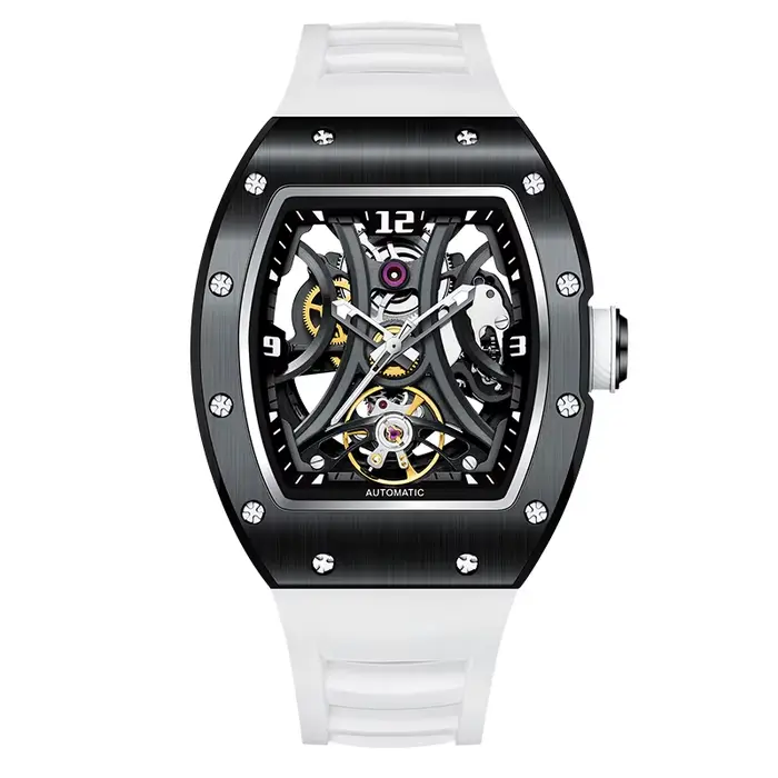 Montre Daniel Gorman cadran squelette automatique homme acier inoxydable bracelet fibre de carbone étanche pour sportifs et gentlemen