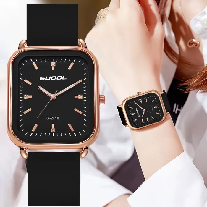 Montres à quartz élégantes et luxueuses pour hommes et femmes avec cadran carré et bracelet en caoutchouc pour diverses occasions