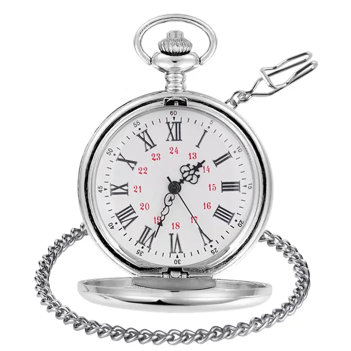 Montre de poche vintage en acier lisse argenté pour homme avec numéros romains style rétro occasions spéciales