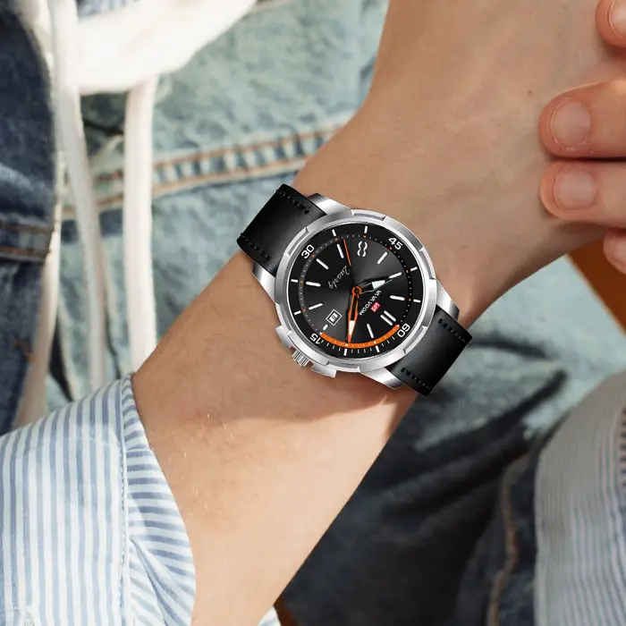 VA VA VOOM montre militaire en cuir noir avec grand cadran 46 mm mouvement à quartz style d'affaires