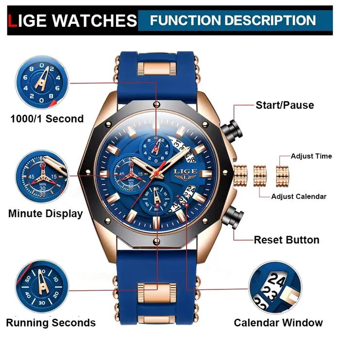 LIGE bleu Montre en Silicone pour hommes mode militaire Sport chronographe horloge mâle haut marque de luxe étanche