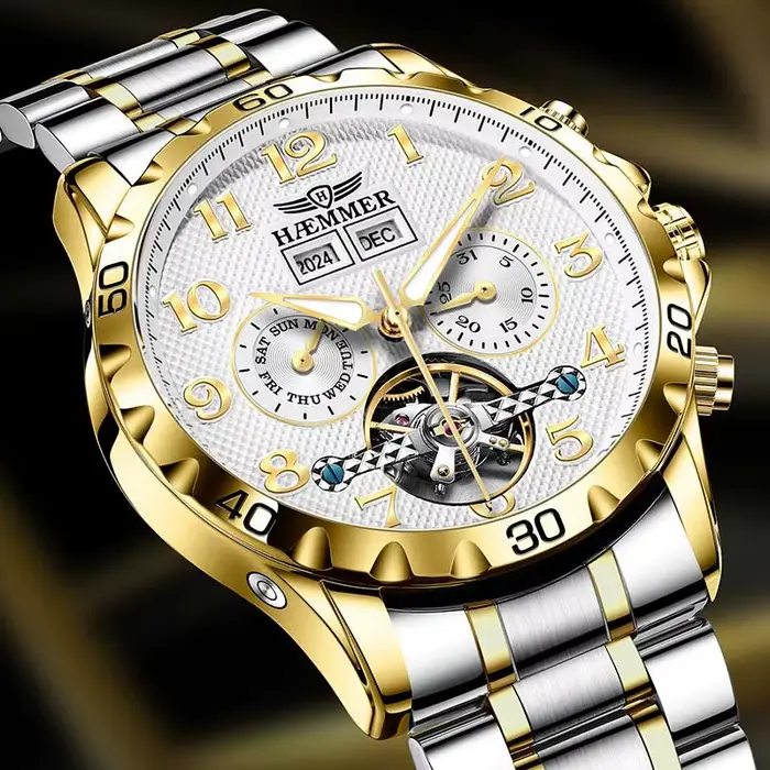 Montre mécanique multifonction automatique homme acier inoxydable résistante à l'eau avec calendrier et affichage semaine élégante multifonctionnelle pour homme occasions spéciales