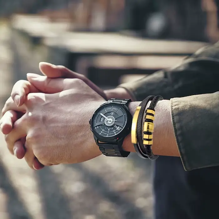 Bracelet en cuir véritable noir pour hommes