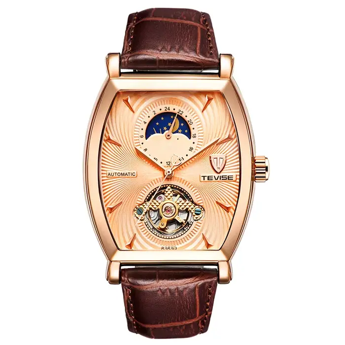 Montre mécanique automatique forme tonneau élégante avec phase de lune et squelette pour homme occasions spéciales professionnelle décontractée