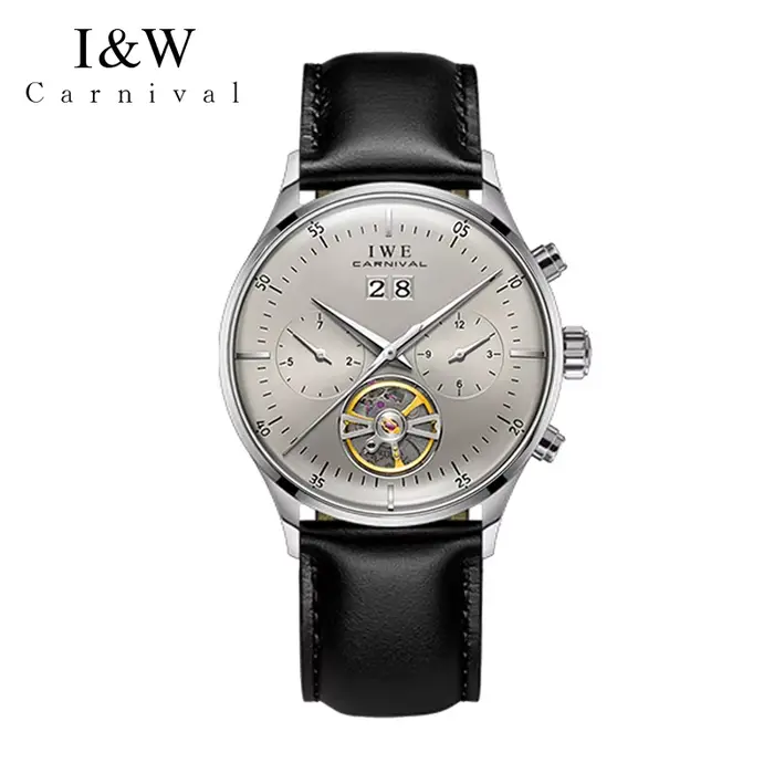Montre tourbillon I&W avec cadran gris automatique pour homme résistante à l'eau et élégante pour toutes les occasions