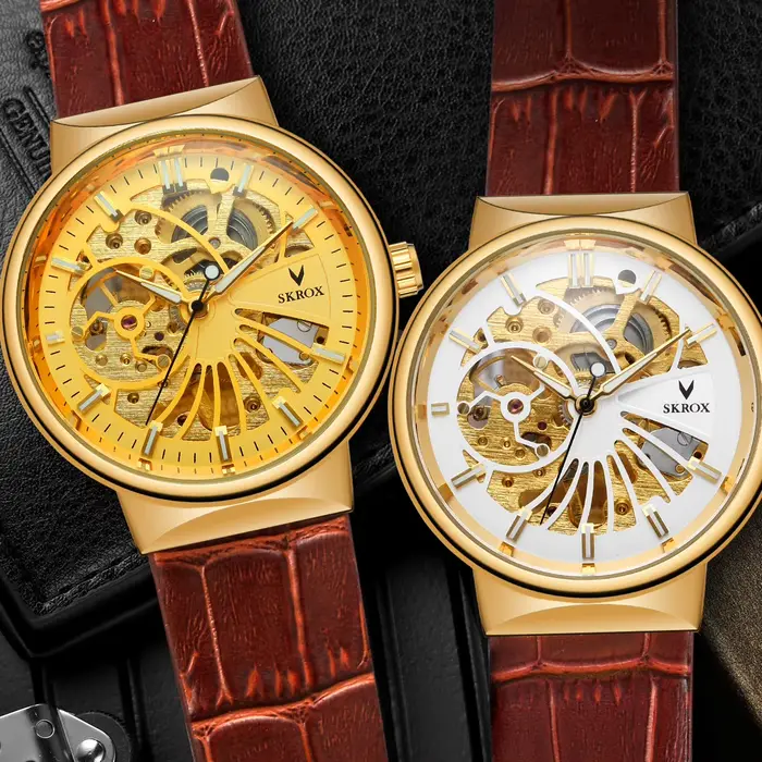 Montre mécanique SKROX élégante pour homme, avec mouvement ventilé manuel, résistance à l'eau, et finition en acier inoxydable et cuir, pour toutes occasions