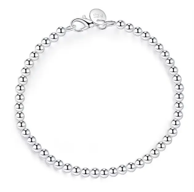 Bracelet en argent regardé 100% véritable pour adolescentes, 925 argent massif, perles de 4mm, 20cm,