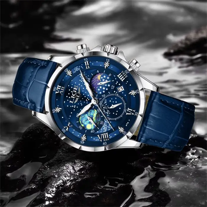 Montre classique en cuir bleu style militaire chronographe à quartz pour hommes occasions spéciales防水防震军旅风格男表