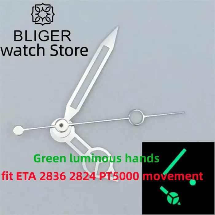 Aiguilles de montre lumineuses vertes/bleues BLIGER compatibles avec les mouvements ETA 2836 2824 Mi