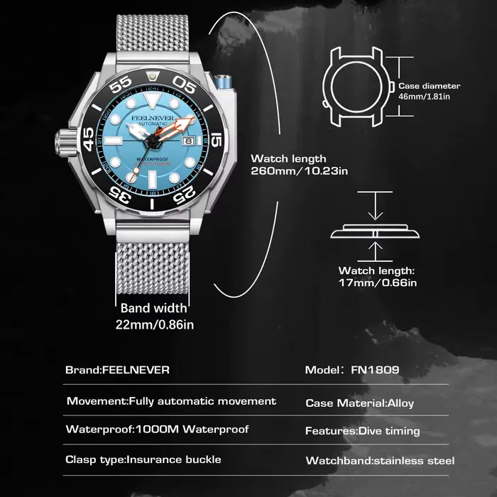 Montre homme FeelNever avec mouvement automatique, résistance à l'eau 1000m, calendrier complet et design robuste acier inoxydable pour toutes les occasions